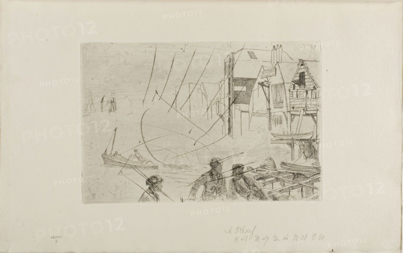 Stevens’ Boat Yard, 1859, James McNeill Whistler, American, 1834-1903, United States, Etching and drypoint with foul biting, with drypoint cancellation, in black ink on ivory laid paper, 152 x 227 mm (plate), 237 x 378 mm (sheet, sight, bound)