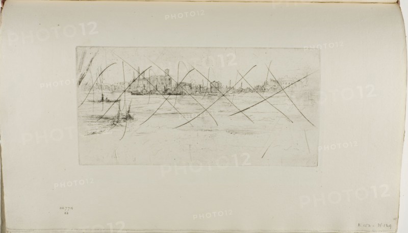 Battersea: Early Morning, 1875, James McNeill Whistler, American, 1834-1903, United States, Etching and drypoint with foul biting, with drypoint and scraped cancellation, in black ink on ivory wove paper, 114 x 227 mm (plate), 239 x 380 mm (sheet)