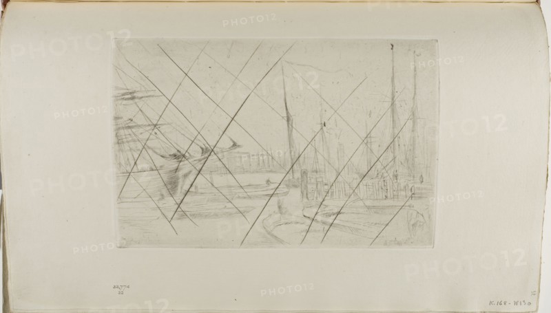 From Billingsgate, 1876/77, James McNeill Whistler, American, 1834-1903, United States, Drypoint with foul biting, with drypoint cancellation, in black ink on ivory laid paper, 151 x 226 mm (plate), 240 x 379 mm (sheet, sight, bound)