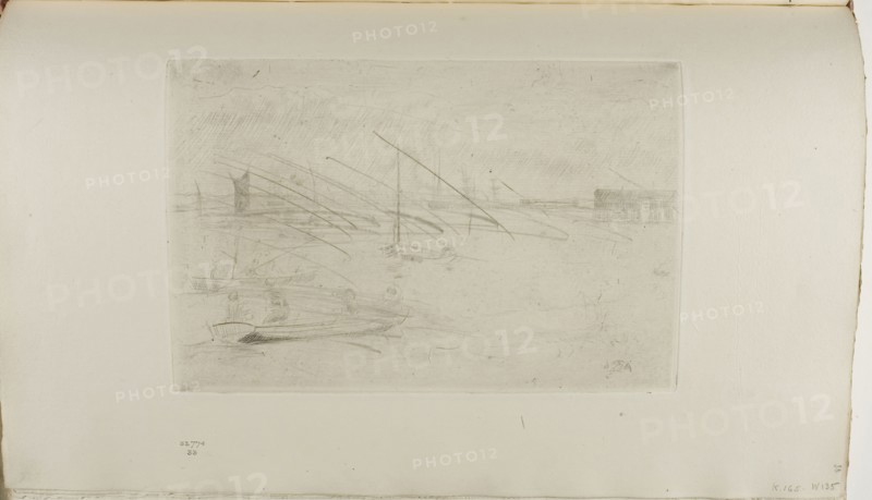 Greenhithe, 1877, James McNeill Whistler, American, 1834-1903, United States, Drypoint with foul biting, with drypoint and scraped cancellation, in black ink on ivory laid paper, 150 x 225 mm (plate), 239 x 382 mm (sheet, sight, bound)