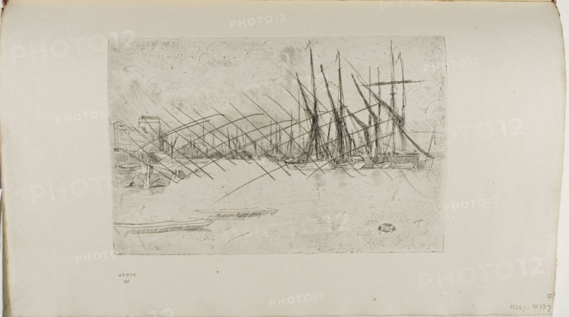 Pickle Herring Wharf, 1876/77, James McNeill Whistler, American, 1834-1903, United States, Etching and drypoint with foul biting, with drypoint cancellation, in black ink on ivory laid paper, 152 x 228 mm (plate), 237 x 382 mm (sheet, sight, bound)
