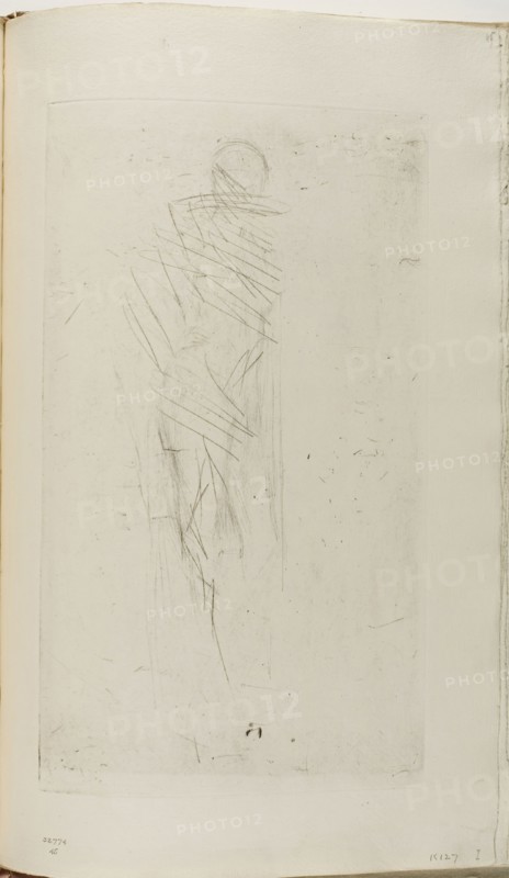 Nude Posing, 1874/75, James McNeill Whistler, American, 1834-1903, United States, Drypoint with foul biting, with scraped and drypoint cancellation, in black ink on ivory laid paper, 302 x 177 mm (plate), 380 x 240 mm (sheet, sight, bound)