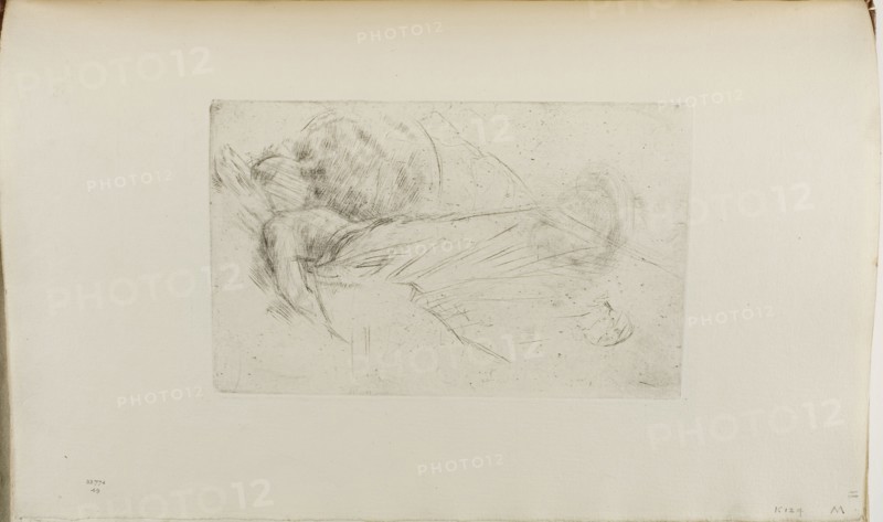 Girl Lying Down, 1875/76, James McNeill Whistler, American, 1834-1903, United States, Drypoint with foul biting, with scraped and drypoint cancellation, in black ink on ivory laid paper, 130 x 207 mm (plate), 238 x 380 mm (sheet, sight, bound)