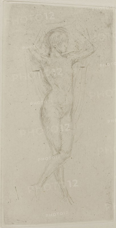 Nude Girl with Arms Raised, 1873/78, James McNeill Whistler, American, 1834-1903, United States, Drypoint with foul biting in black ink on ivory laid paper, 192 x 101 mm (plate), 381 x 240 mm (sheet, sight, bound)