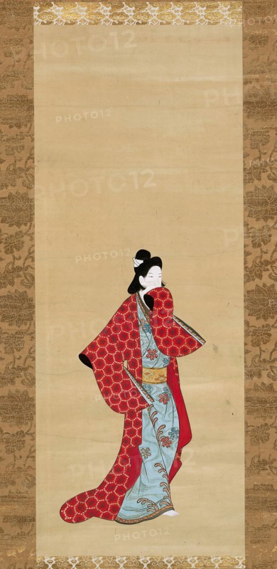 Courtesan, 1750/75, Japanese, 17th century, Japan, Hanging scroll, ink and color on paper, 77.2 x 30.2 cm (30 3/8 x 11 7/8 in.), including mount and knobs: 164.4 x 48 cm (64 3/4 x 18 15/16 in.)