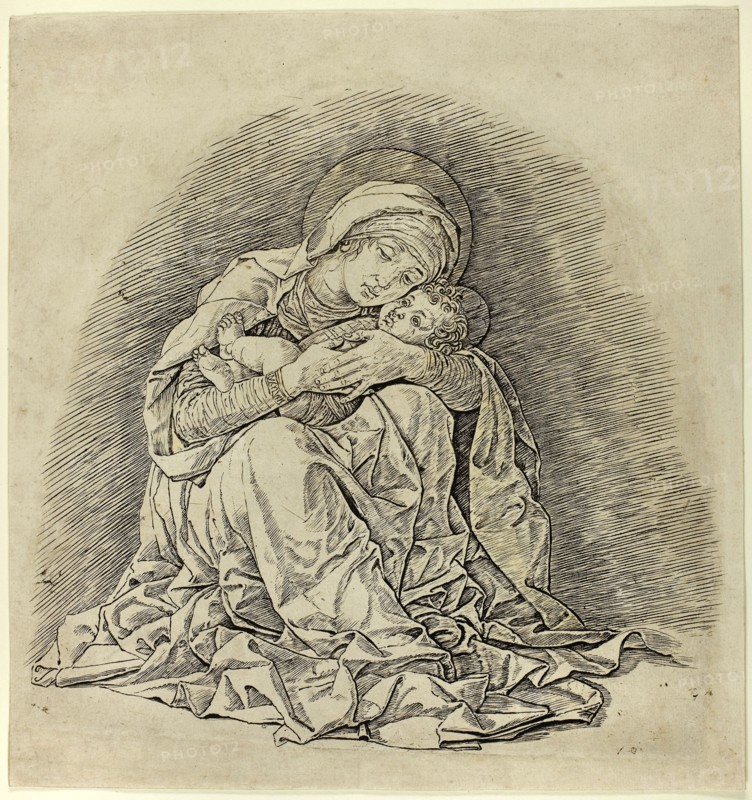 Virgin and Child, 1485/91, Andrea Mantegna, Italian, 1431-1506, Italy, Engraving in black on buff laid paper, 228 x 235 mm (image before remargining), 265 x 250 mm (sheet)