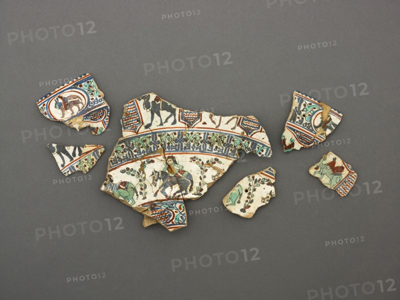 Plate (fragment), Late 12th/early 13th century, Iran, Saveh, Fritware sherd decorated with minai technique over an opaque white glaze, Largest piece: 8 x 6 1/4 in.
