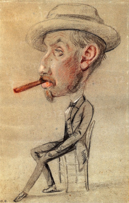 Caricature of a Man with a Big Cigar, 1855/56, Claude Monet, French, 1840-1926, France, Black and red chalk, with touches of colored chalks, on blue wove paper (discolored to blue-gray), laid down on cream wove paper, laid down on blue wove paper, 598 × 385 mm (primary/secondary/tertiary supports)