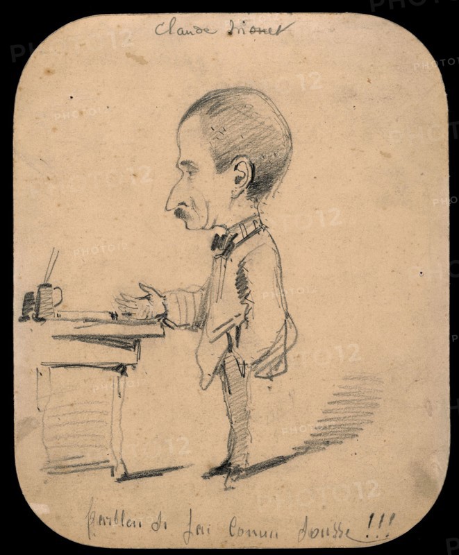 Caricature of a Man Standing by Desk (recto), Sketch of Male Head in Profile (verso), 1855/56, Claude Monet, French, 1840-1926, France, Graphite (recto and verso) on commercially prepared ivory wove card (discolored to tan), 203 × 166 mm