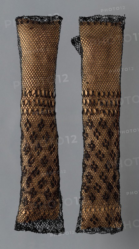 Pair of Mittens, 1825/75, Europe or United States, Europe, Silk, bands of bunch, Valenciennes, spider netting, square netting, and square netting with looped tufts (lacis), a: 38.2 × 9.2 cm (15 × 3 5/8 in.)