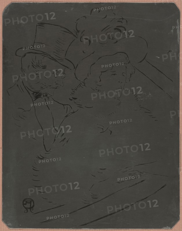 At the Concert, 1896, Henri de Toulouse-Lautrec, French, 1864-1901, France, Zinc lithographic plate with corners removed and beveled edges, laid down on mauve board and taped to mat, 321 × 252 mm