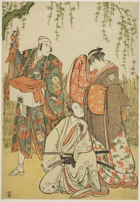 The Actors Ichikawa Yaozo III as Shiragiku, Ichikawa Danjuro V as the puppeteer Dekurokubei, and Sawamura Sojuro III as Soga no Juro, in the joruri Shinobukoi Yanagi no Katsura Otoko, performed at the Nakamura Theater in the first month, 1785, 1785, Torii Kiyonaga, Japanese, 1752-1815, Japan, Color woodblock print, oban, 37.4 x 25.9 cm (14 3/4 10 3/16 in.)