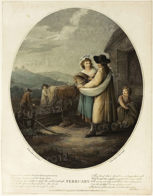 February, October 1, 1793, Francesco Bartolozzi (Italian, 1727-1815), after William Hamilton (English, 1751-1801), published by John and Josiah Boydell (English, 18th century), Italy, Color stipple engraving on paper, 307 x 253 mm (image), 363 x 281 mm (sheet)