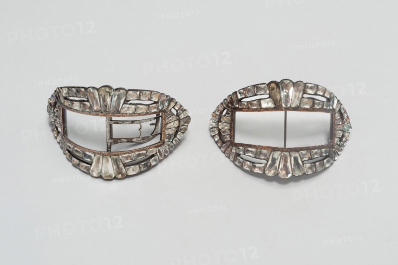 Pair of Shoe Buckles, Last quarter 18th century, London, England, Silver, copper or gold, and paste jewels, 7.6 × 5.1 cm (3 × 2 in.)