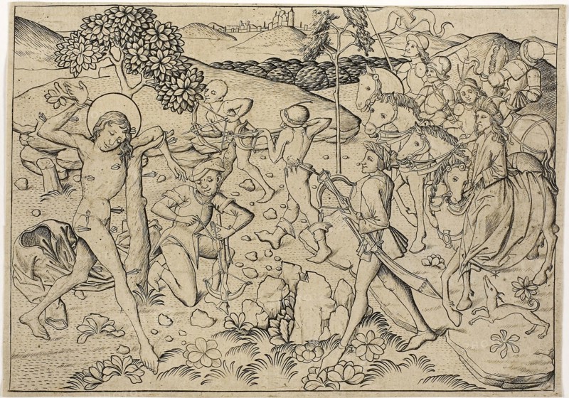 The Martyrdom of Saint Sebastian, 1450–60, Master E. S., German, active c. 1450-1467, Germany, Engraving on paper, 130 x 186 mm (plate), 134 x 191 mm (sheet)
