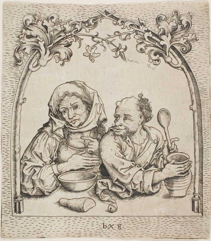 Old Man and Woman at a Window, c. 1480, Master bxg, German, active ca. 1470–90, Germany, Engraving in black on ivory laid paper, 180 × 159 mm (sheet, trimmed to platemark)