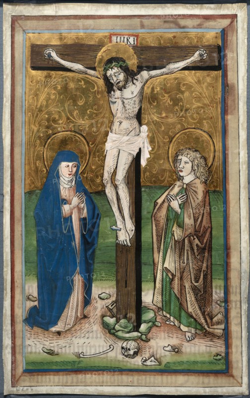 Crucifixion with the Virgin Mary and Saint John (recto), Saint Sebald with the Donors Paul Volkmayr and Sebald Schreyer (verso), c. 1485–90, Unknown Artist, German, 15th century, Germany, Woodcut illuminated on vellum, with miniature on verso, 304 × 189 mm