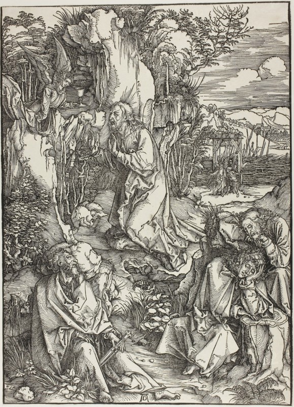 Agony in the Garden, from The Large Passion, c. 1496–97, Albrecht Dürer, German, 1471-1528, Germany, Woodcut in black on ivory laid paper, 389 x 281 mm
