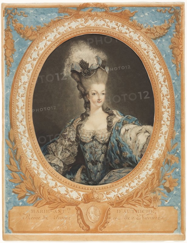 Marie Antoinette, 1777, Jean Francois Janinet (French, 1752-1814), After Jean-Baptiste-André Gautier D’Agoty (French, 1740–1786), France, Etching and engraving printed on two sheets as follows: oval portrait in wash manner on full sheet in yellow, blue, red, and black from four plates, decorative frame cut out in center, in blue and orange from two plates, 252 × 203 mm (image/sight), 395 × 304 mm (frame)