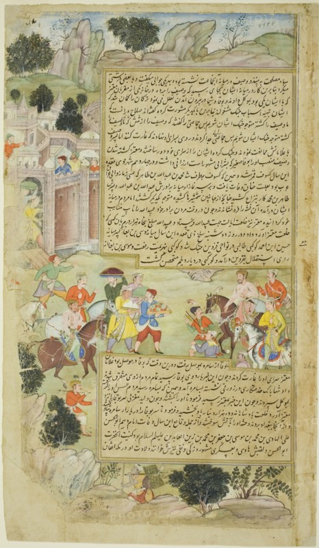 Al-Mu’tazz Sends Gifts to Abdulla ibn Abdulla, from the Tarikh-i Alfi manuscript, Tarikh-i-Alfi, 1592/94, India, India, Opaque watercolor and gold on paper, Image: 39.9 x 22.6 cm (15 3/4 x 8 7/8 in.), Paper: 42.2 x 24.3 cm (16 5/8 x 9 5/8 in.)