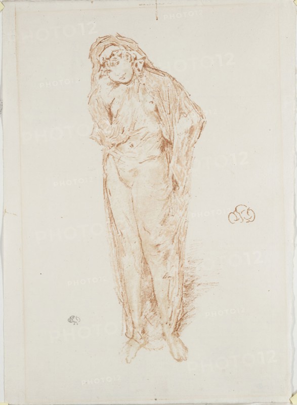Draped Figure, Standing, 1891, James McNeill Whistler, American, 1834-1903, United States, Lithograph, from thin, transparent paper, from four stones, red-orange and brown (keystone), orange, and ochre inks, on ivory laid paper, 227 x 112 mm (image), 270 x 172 mm (with registration marks), 278 x 201 mm (sheet)