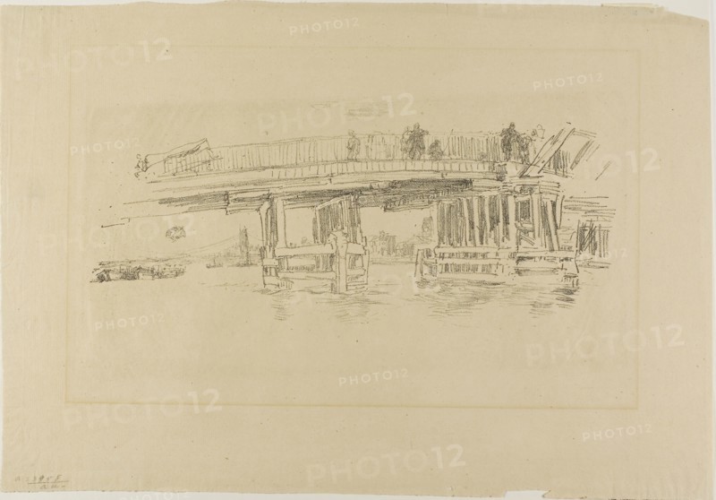 Old Battersea Bridge, 1879/87, James McNeill Whistler, American, 1834-1903, United States, Lithograph, in black ink, with scraping, on tan laid paper, 144 x 332 mm (image), 309 x 450 mm (sheet)