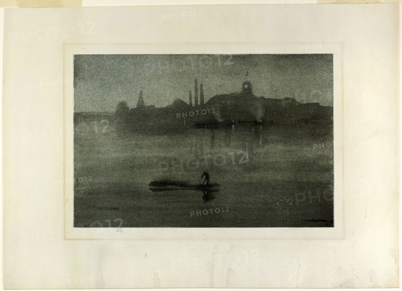 Nocturne, 1878, published 1887, James McNeill Whistler, American, 1834-1903, United States, Lithotint from a prepared half-tint ground, in black ink, with scraping, on blue laid chine laid down on ivory plate paper, 171 x 259 mm (image), 172 x 258 mm (primary support), 282 x 392 mm (secondary support)