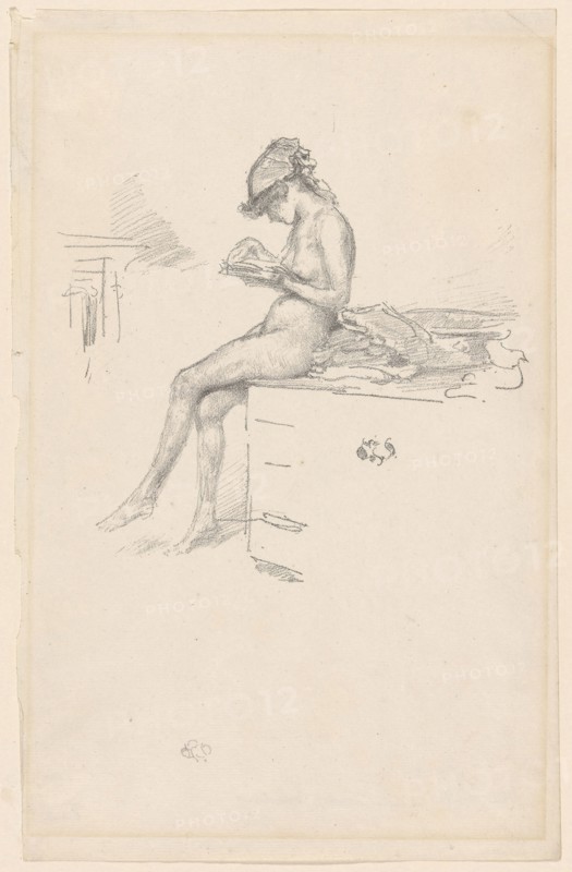 The Little Nude Model, Reading, 1889/90, James McNeill Whistler, American, 1834-1903, United States, Transfer lithograph in black on ivory laid paper, 167 x 179 mm (image), 320 x 205 mm (sheet)