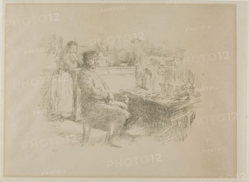 The Shoemaker, 1896, James McNeill Whistler, American, 1834-1903, United States, Transfer lithograph in various black inks, with stumping, on buff laid paper, 158 x 221 mm (image), 244 x 326 mm (sheet)