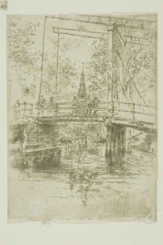 Little Drawbridge, Amsterdam, 1889, James McNeill Whistler, American, 1834-1903, United States, Etching with foul biting in dark brown ink on ivory Japanese paper, 175 x 128 mm (image, trimmed within plate mark), 178 x 128 mm (sheet)