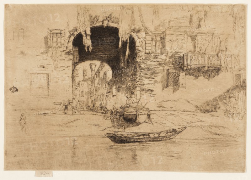 San Biagio, 1880, James McNeill Whistler, American, 1834-1903, United States, Etching and drypoint with foul biting in dark brown ink on ivory Asian laid paper altered to buff, 210 x 304 mm (image, trimmed within plate mark), 216 x 304 mm (sheet)
