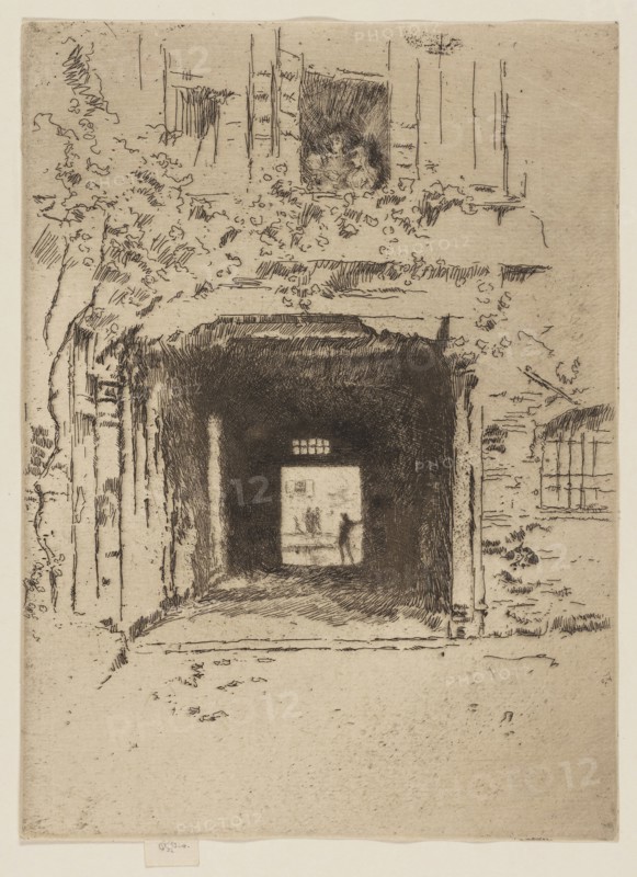 Doorway and Vine, 1879/80, James McNeill Whistler, American, 1834-1903, United States, Etching and drypoint with foul biting in black ink on ivory laid paper, 232 x 179 mm (image, trimmed within plate mark), 240 x 179 mm (sheet)
