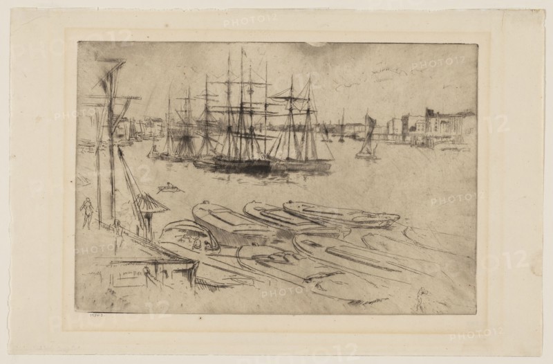 Wapping, The Pool, 1878/79, James McNeill Whistler, American, 1834-1903, United States, Etching and drypoint in black ink on ivory laid paper, 187 x 277 mm (plate), 239 x 367 mm (sheet)
