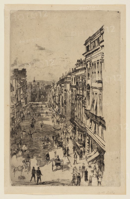 St. James’s Street, 1878, James McNeill Whistler, American, 1834-1903, United States, Etching and drypoint with foul biting in black ink on cream laid paper, 279 x 175 mm (plate), 301 x 194 mm (sheet)