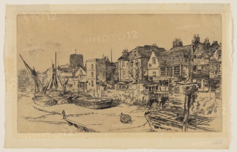The Adam and Eve, Old Chelsea, 1878, James McNeill Whistler, American, 1834-1903, United States, Etching and drypoint in black ink on cream Japanese paper, 174 x 302 mm (plate), 215 x 332 (sheet)