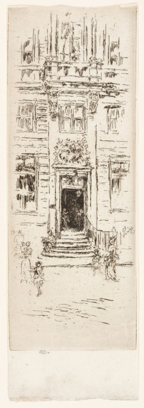House of the Swan, Brussels, 1887, James McNeill Whistler, American, 1834-1903, United States, Etching with foul biting in black ink on off-white laid paper, 176 x 65 mm (image, trimmed to or just outside plate mark), 202 x 68 mm (sheet)