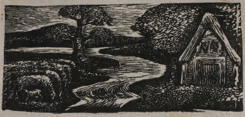 Sabrina’s Silvery Flood, from The Pastorals of Virgil, 1821, William Blake, English, 1757-1827, England, Wood engraving on off-white wove paper, 32 × 73 mm (image/block), 36 × 76 mm (sheet)