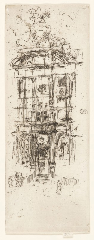 Gold House, Brussels, 1887, James McNeill Whistler, American, 1834-1903, United States, Etching with foul biting in black ink on off-white laid paper, 179 x 67 mm (image, trimmed within plate mark), 181 x 67 mm (sheet)