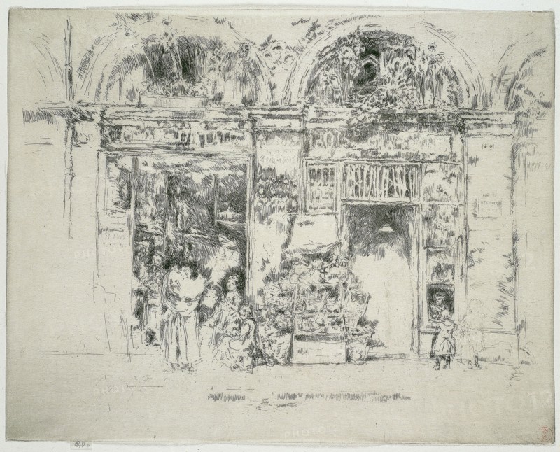 Sunflowers, Marché St Germain, Paris, 1888/93, James McNeill Whistler, American, 1834-1903, United States, Etching with foul biting in black ink on ivory Japanese paper, 220 x 278 mm (image, trimmed within plate mark), 223 x 278 mm (sheet)