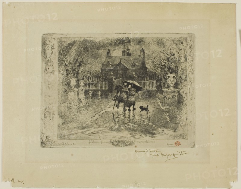 Country Neighbors, 1878, Félix Hilaire Buhot, French, 1847-1898, France, Etching and aquatint on light green laid paper, 135 × 182 mm (plate), 220 × 275 mm (sheet)