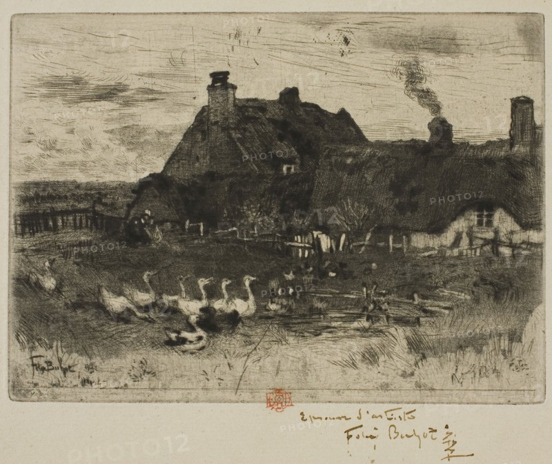 The Little Thatched Cottages, 1878, Félix Hilaire Buhot, French, 1847-1898, France, Etching, drypoint and aquatint on ivory laid paper, 100 × 137 mm (plate), 191 × 234 mm (sheet)