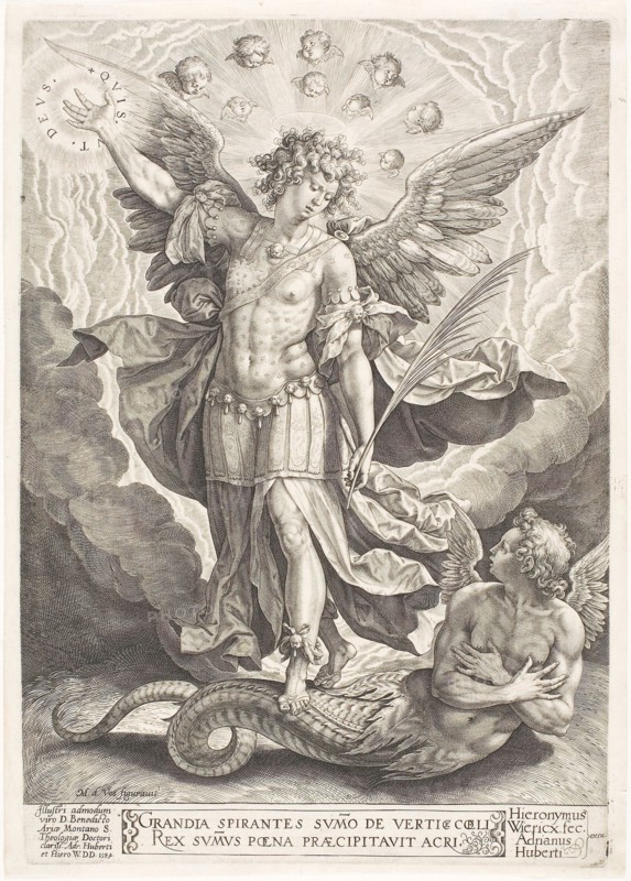 St Michael Triumphing Over the Dragon, 1584, Jerome Wierix (Flemish, 1553-1619), after Martin de Vos (Flemish, 1532-1603), Flanders, Engraving in black on ivory laid paper, 291 × 202 mm (image/plate), 300 × 214 mm (sheet)