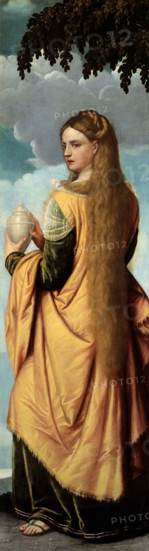 Mary Magdalene, 1540/50, Moretto da Brescia (Alessandro Bonvicino), Italian, c. 1492/95–1554, Brescia, Oil on canvas, 166 × 47 cm (65 3/8 × 18 1/2 in.)
