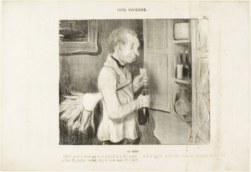 The Taste. Wow! I am not surprised any more why this fellow is so spirited… and he calls me an old beast! Let me have one of these every morning, and I will be full of spirit too, plate 40 from Types Parisiens, c. 1839, Honoré Victorin Daumier, French, 1808-1879, France, Lithograph in black on white wove paper, with letterpress verso, 190 × 227 mm (image), 257 × 374 mm (sheet)