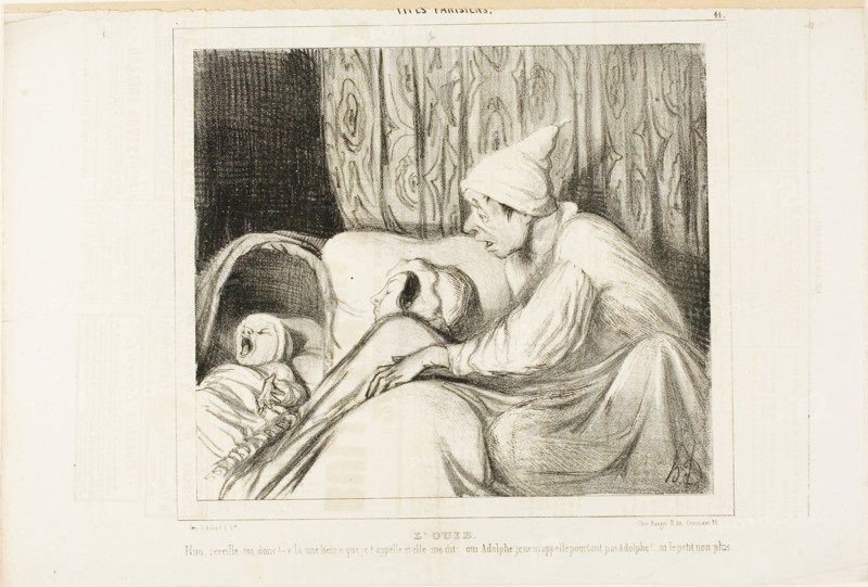 Sense of Hearing., Wake up Nini!…. I have been calling her for more than an hour, and she always replies: yes Adolphe. But neither the child’s name nor mine is Adolphe!, plate 41 from Types Parisiens, 1839, Honoré Victorin Daumier, French, 1808-1879, France, Lithograph in black on white wove paper, laid down on tan wove paper, 196 × 224 mm (image), 250 × 397 mm (sheet)