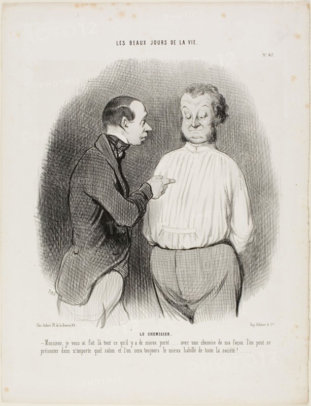 The Shirt Maker. Sir, I have tailored here for you the best that is presently available….. with a shirt of my making one can present oneself in no matter what Salon and one will always be the best dressed man of the party, plate 67 from Les Beaux Jours De La Vie, 1845, Honoré Victorin Daumier, French, 1808-1879, France, Lithograph in black on white wove paper, 243 × 222 mm (image), 358 × 275 mm (sheet), Panel, Empire period, c. 1805/15, France, Silk, warp-float faced 7:1 satin weave self-patterned by ground wefts bound in weft-float faced 1:3 twill interlacings, five panels joined, 165.8 × 74.2 cm (65 1/4 × 29 1/8 in.)