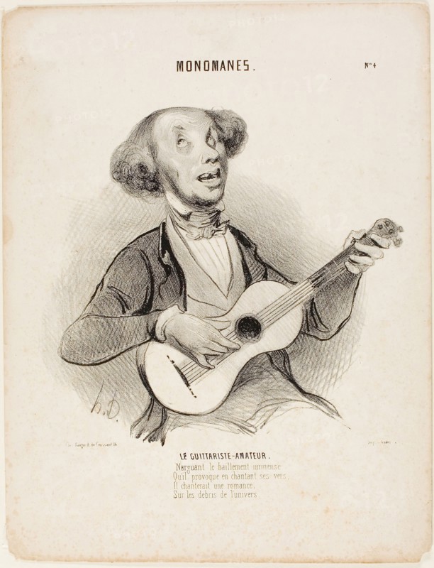 The Amateur Guitarist. Defying everyone’s yawns, As he sings his puny verse, He would sing a parlor-song, On the ruins of the universe…, plate 4 from Monomanes, 1840, Honoré Victorin Daumier, French, 1808-1879, France, Lithograph in black on ivory wove paper, 210 × 220 mm (image), 342 × 261 mm (sheet)