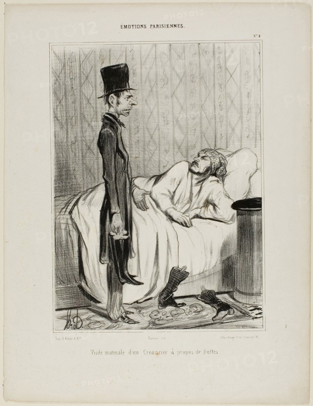 Early morning visit of a creditor concerning the boots, plate 4 from Émotions Parisiennes, 1839, Honoré Victorin Daumier, French, 1808-1879, France, Lithograph in black on white wove paper, 247 × 181 mm (image), 342 × 263 mm (sheet)