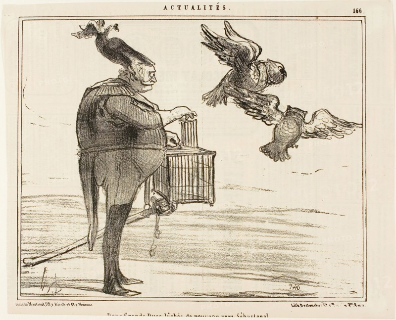 Two Grand Dukes Leaving for Sebastopol, plate 166 from Actualités, 1855, Honoré Victorin Daumier, French, 1808-1879, France, Lithograph in black on white wove paper, with letterpress verso, 218 × 269 mm (image), 251 × 304 mm (sheet)