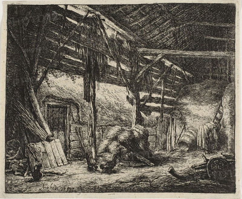 The Barn, 1647, Adriaen van Ostade, Dutch, 1610-1685, Holland, Etching in black on buff laid paper, 155 x 187 mm (image), 158 x 192 mm (plate), 161 x 196 mm (sheet)